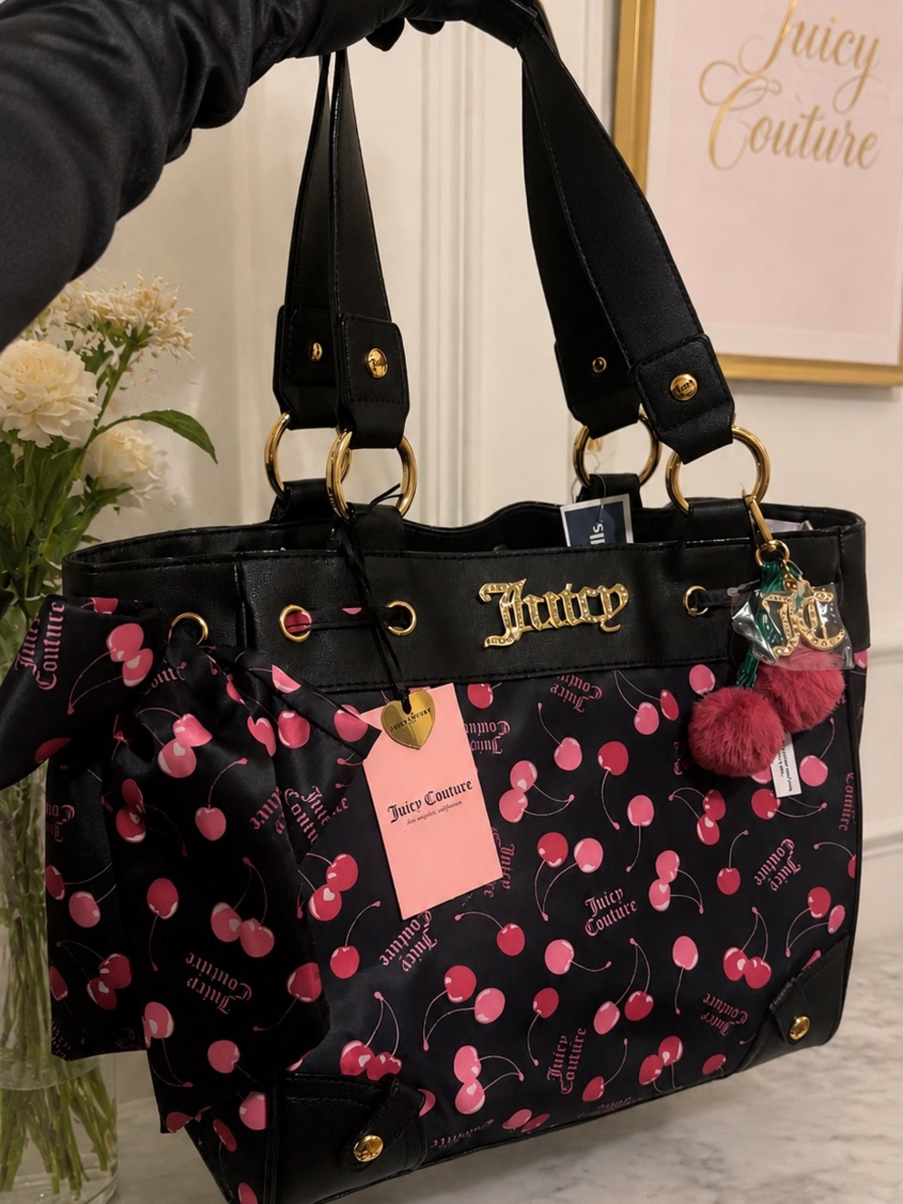 Juicy Couture Black Tote with Pink Cherry Print & Gold Hardware